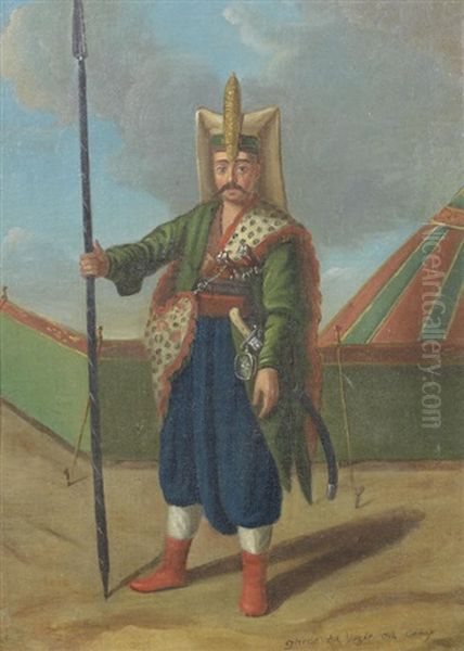 Portrait Of A Janissary, Standing Before An Encampment; And A Turkish Guard Before An Encampment (a Pair) Oil Painting by Jean-Baptiste Vanmour