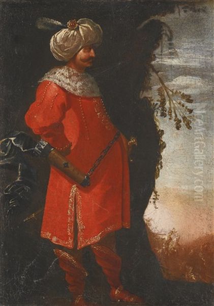 A Turkish Soldier Standing In A Landscape Oil Painting by Jean-Baptiste Vanmour