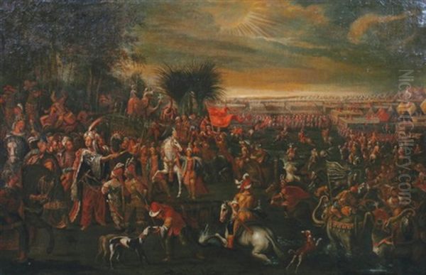 A Turkish Pageant With A Sultan, Numerous Figures And Animals, Elephants, Camels Etc Oil Painting by Jean-Baptiste Vanmour