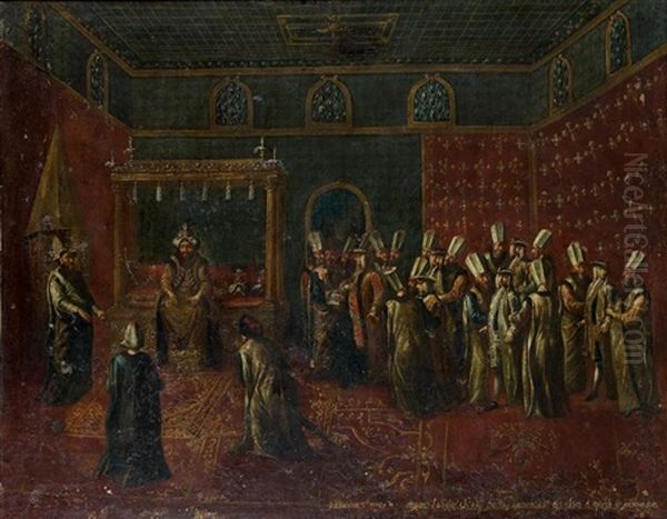 L'audience D'un Ambassadeur Par Le Sultan Et Le Diner Offert Par Le Grand Vizir A L'ambassadeur (pair)(collab. W/workshop) Oil Painting by Jean-Baptiste Vanmour