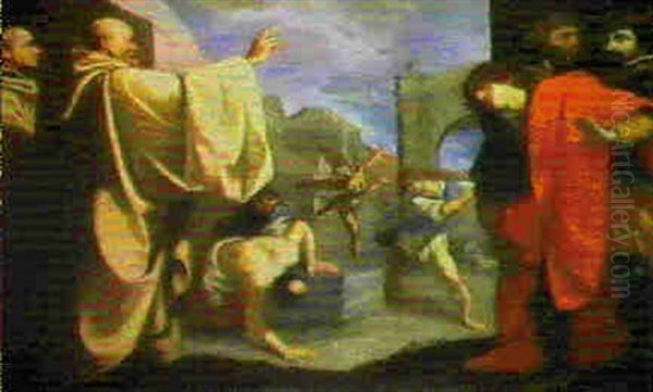 San Benedetto Scaccia Il Demonio Dal Sasso Oil Painting by Giovanni Battista Vanni