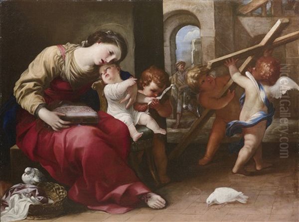 Maria Mit Kind Und Dem Johannesknaben, Dahinter Der Heilige Joseph Sowie Zwei Engel, Die Den Kreuzestod Ankundigen Oil Painting by Raffaello Vanni