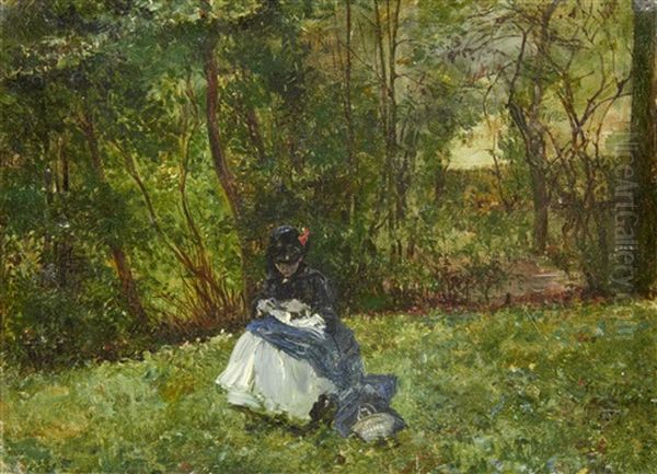 Sewing In The Park Oil Painting by Scipione Vannutelli