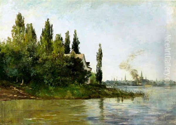 River Scene With A Country House And Distant Dutch Village Oil Painting by Alessandro Vanotti