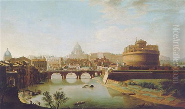 View Of St. Peter's And Castel Sant'angelo From The Tiber Oil Painting by Luigi Vanvitelli