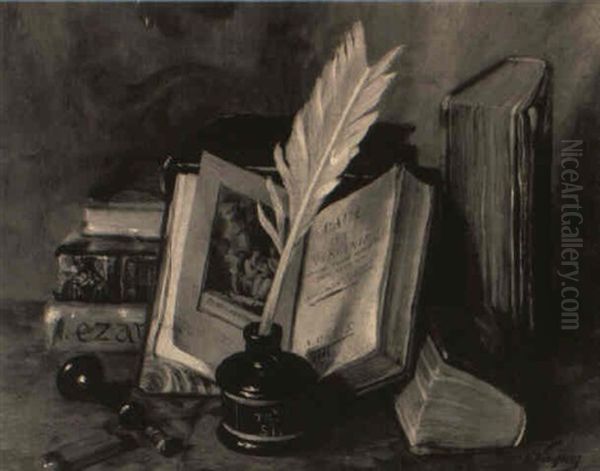 Books On A Gentleman's Desk Oil Painting by Emile Modeste Nicolas Vaquez