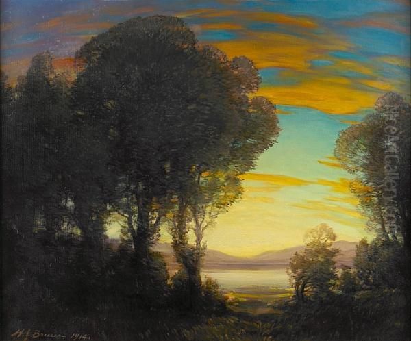 Sunset Beyond A Lake Oil Painting by Henry Joseph Breuer