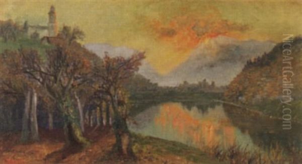 Flusslandschaft In Abendstimmung Oil Painting by Giacomo Varese