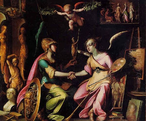 Minerva As Patroness Of The Arts, In A Studio With A Personification Of The Arts Oil Painting by Quentin Varin