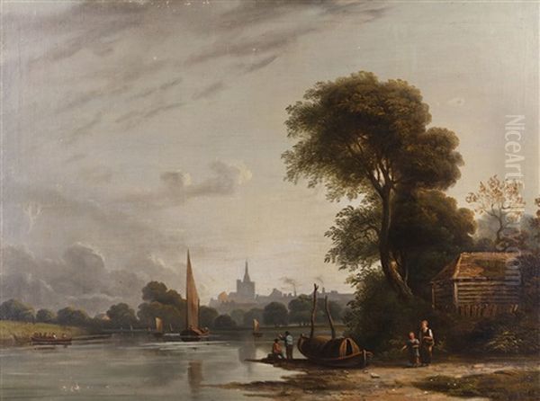 Figures On The Bank Of The River Thames Oil Painting by John Varley the Elder