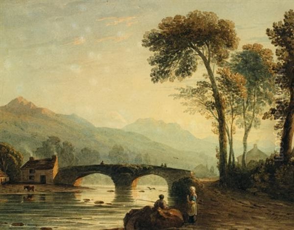 Paysage Au Pont Anime Oil Painting by John Varley the Elder