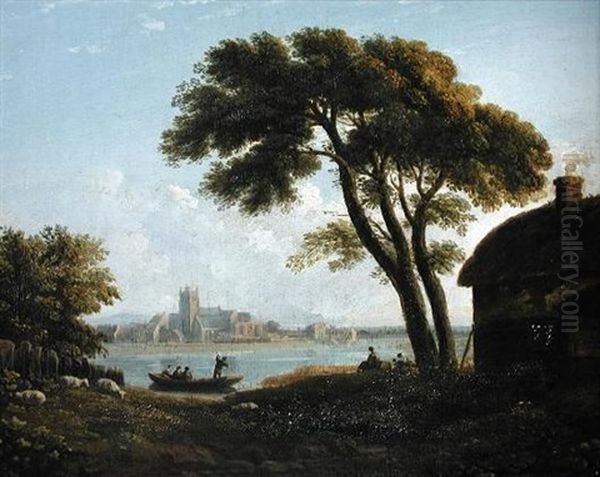 An Abbey On A River In A Landscape Oil Painting by John Varley the Elder