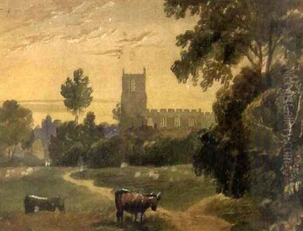 Sunset Landscape With Cows In Front Of A Castle by John Varley the Elder