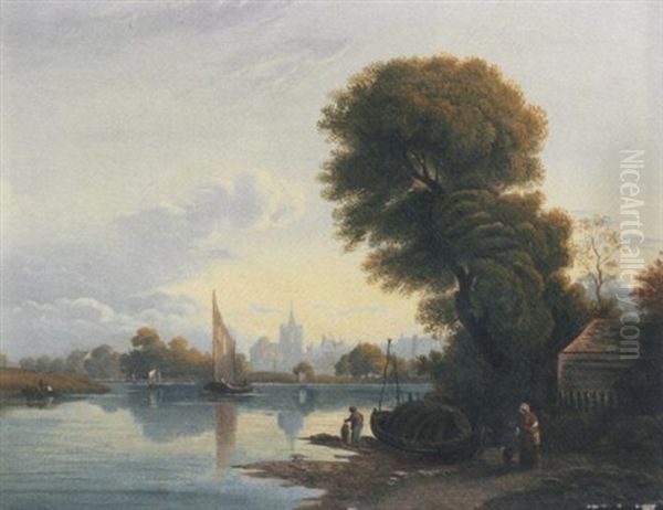 Figures On The Bank Of The River Thames by John Varley the Elder