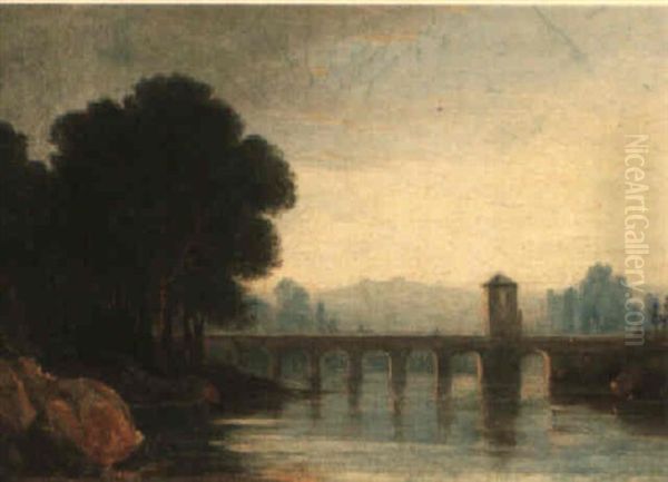 River Landscape With Bridge Oil Painting by John Varley the Elder