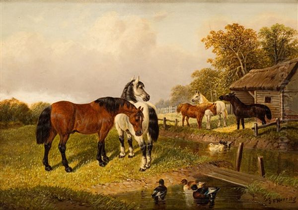 Horses By The Stables Oil Painting by John Varley the Younger