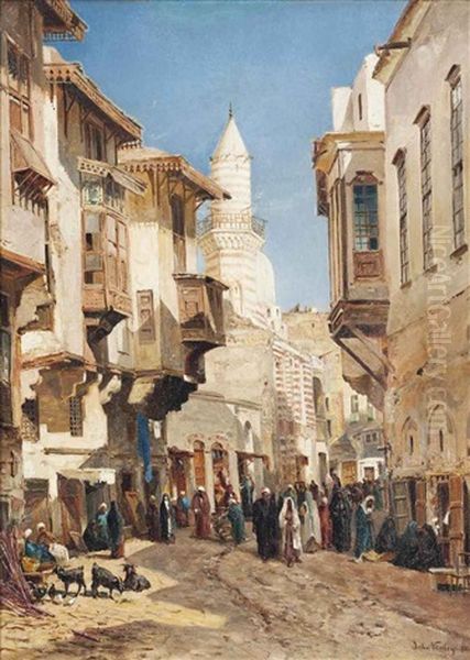 A Bustling Street Before The Mosque Of Emir Mindar, Cairo Oil Painting by John Varley the Younger