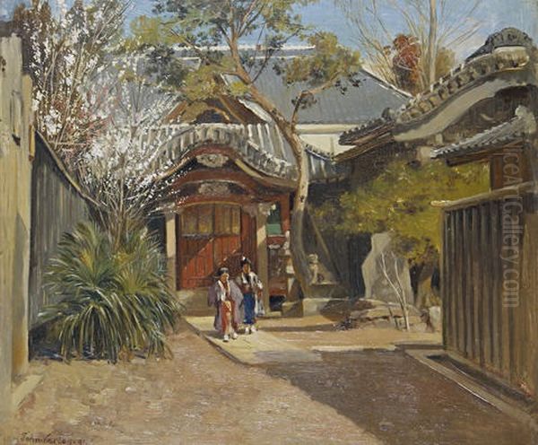 A Temple Courtyard (+ Figures Before A House; Pair) Oil Painting by John Varley the Younger