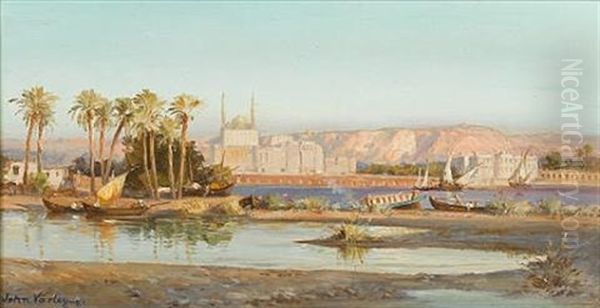 View Of The Mosque Of The Citadel From Gezira, Cairo Oil Painting by John Varley the Younger