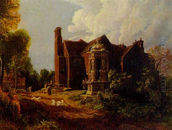 A Old Fountain Head And Farmhouse At Pepper Hill, Staffordshire, Belonging To Sir George Piggott, Bart Oil Painting by Cornelius Varley