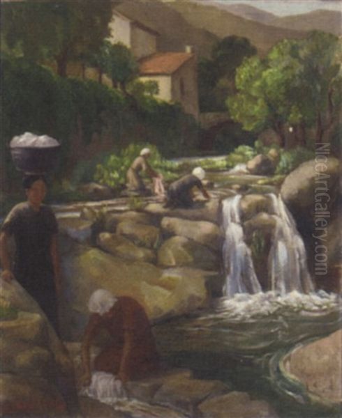 Washerwomen At Work In A Mediterranean Landscape Oil Painting by Mabel Illingworth Varley