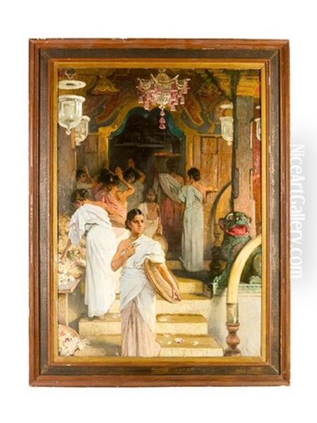 Indian Female Prayers With Flowers By A Temple Entrance Oil Painting by Raja Ravi Varma