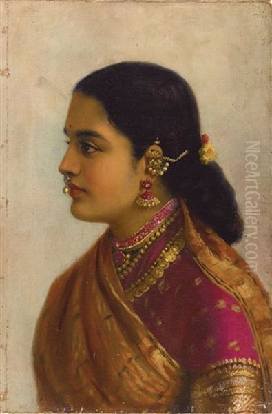 Untitled (portrait Of A Young Woman In Russet And Crimson Sari) Oil Painting by Raja Ravi Varma