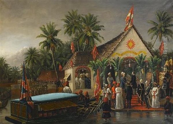 The Maharaja Of Travancore And His Younger Brother Welcoming Richard Temple-grenville, 3rd Duke Of Buckingham And Chandos, Governor-general Of Madras, On His Official Visit To Trivandrum In 1880 Oil Painting by Raja Ravi Varma