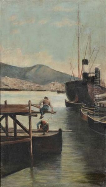 Mattina D'inverno Nel Porto Di Genova Oil Painting by Antonio Varni