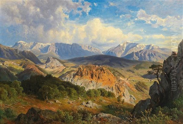 View Of The Rax And Schneeberg Mountains, In The Centre The Semmering Railway Oil Painting by Giovanni (Johann) Varone