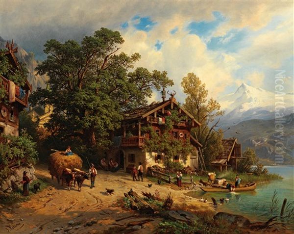 Scene Of Lake Zell With The Kitzsteinhorn Oil Painting by Giovanni (Johann) Varone