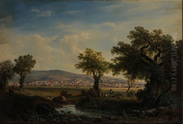 Panoramic View Of A Valley With Town Oil Painting by Giovanni (Johann) Varone