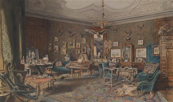 Herrschaftliches Interieur Mit Jagdtrophaen An Der Wand Oil Painting by Giovanni (Johann) Varone