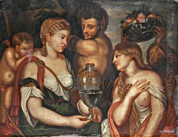 Psyche And Venus With Amor And The Satyrs Oil Painting by Alessandro Varotari