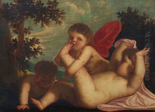 Allegorical Scene Of Putti At Play With A Snake Oil Painting by Alessandro Varotari