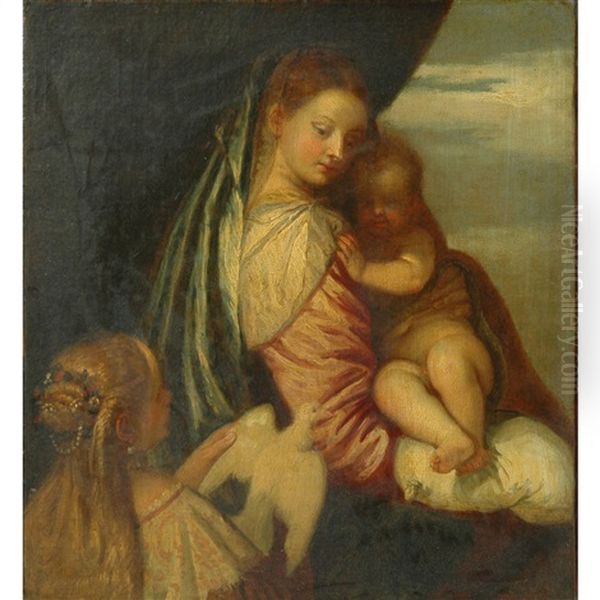 Circle Of Alessandro Varotari Madonna And Child With A Donor Presenting A Dove Oil Painting by Alessandro Varotari