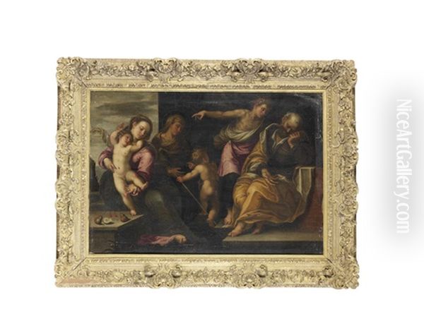 The Dream Of Joseph With Saint Elizabeth And The Infant Saint John The Baptist In A Carved Frame Oil Painting by Dario Varotari