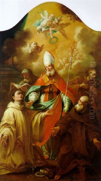 Santo Vescovo Con Pastorale, Attorniato Da Quattro Santi, Di Cui Uno Gli Porge Un Anello, E Con Un Aureola Di Puttini In Alto Oil Painting by Giuseppe Varotti