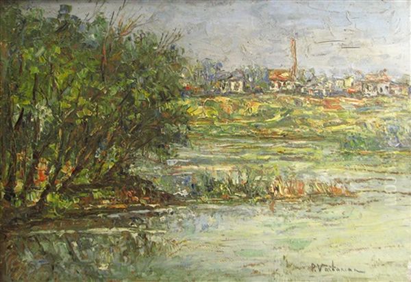 Village At The Border Of The Water Oil Painting by Partog Vartanian