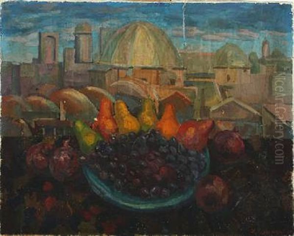 Still Life With Fruits, In The Background View Over Samarkand Oil Painting by Igor Vasilevich Uzhinsky