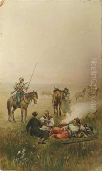 Vasilkovsky Resting With Kossacks Oil Painting by Sergei Ivanovich Vasil'kovsky