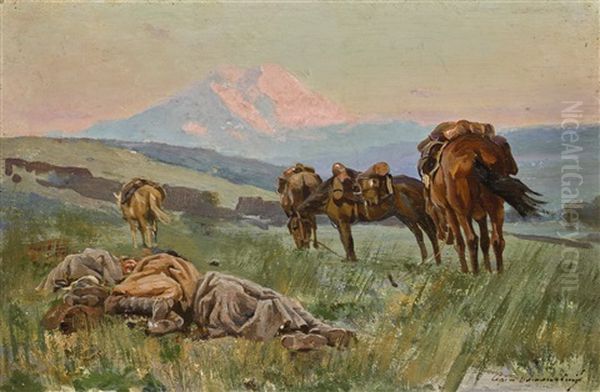 Bivouac At The Foot Of Mount Elbrus Oil Painting by Sergei Ivanovich Vasil'kovsky