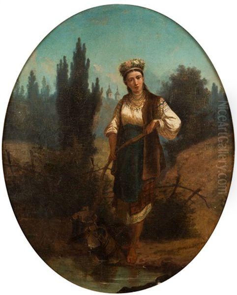 Ukrainian Girl With A Yoke Oil Painting by Sergei Ivanovich Vasil'kovsky