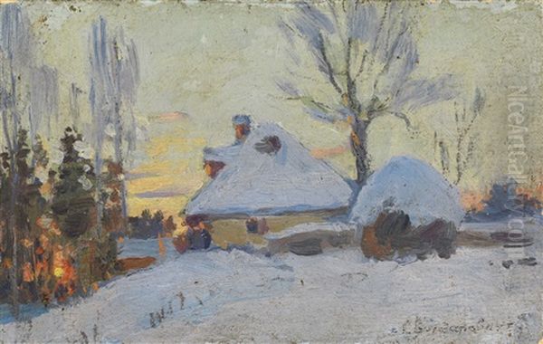 Winter Village At Sunset Oil Painting by Sergei Ivanovich Vasil'kovsky