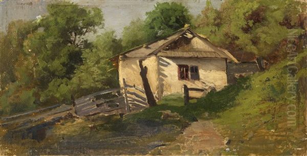 Ukrainian Hut On A Sunny Day Oil Painting by Sergei Ivanovich Vasil'kovsky