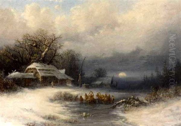 A Russian Winter Landscape Oil Painting by Fyodor Alexandrovich Vasil'yev