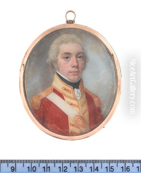 An Officer, Wearing Red Coatee With Cream Facings And Gold Epaulettes Over Frilled White Chemise And Black Stock, White Cross Belt With Gold Oil Painting by Lewis (of Bath) Vaslet