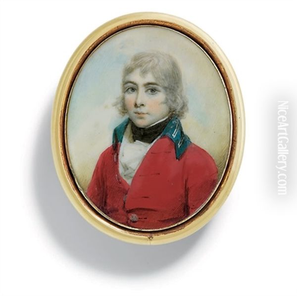 A Boy In Red Coat With Royal Blue Collar Oil Painting by Lewis (of Bath) Vaslet