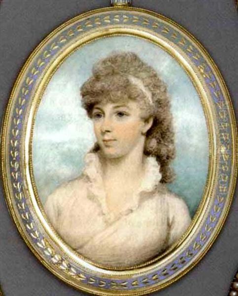 A Young Lady In White Dress With High-frilled Collar, White Bandeau In Her Long Powdered Curling Hair Oil Painting by Lewis (of Bath) Vaslet