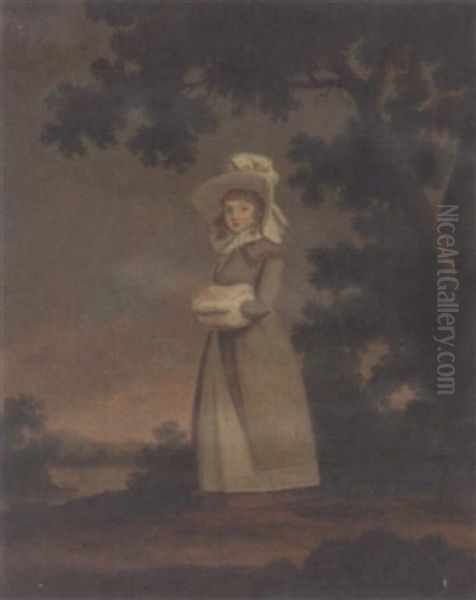 Portrait Of A Young Lady In A Bonnet And Olive Dress With A Hand-warmer, In An Extensive Landscape With A Lake And Manor Beyond Oil Painting by Lewis (of Bath) Vaslet